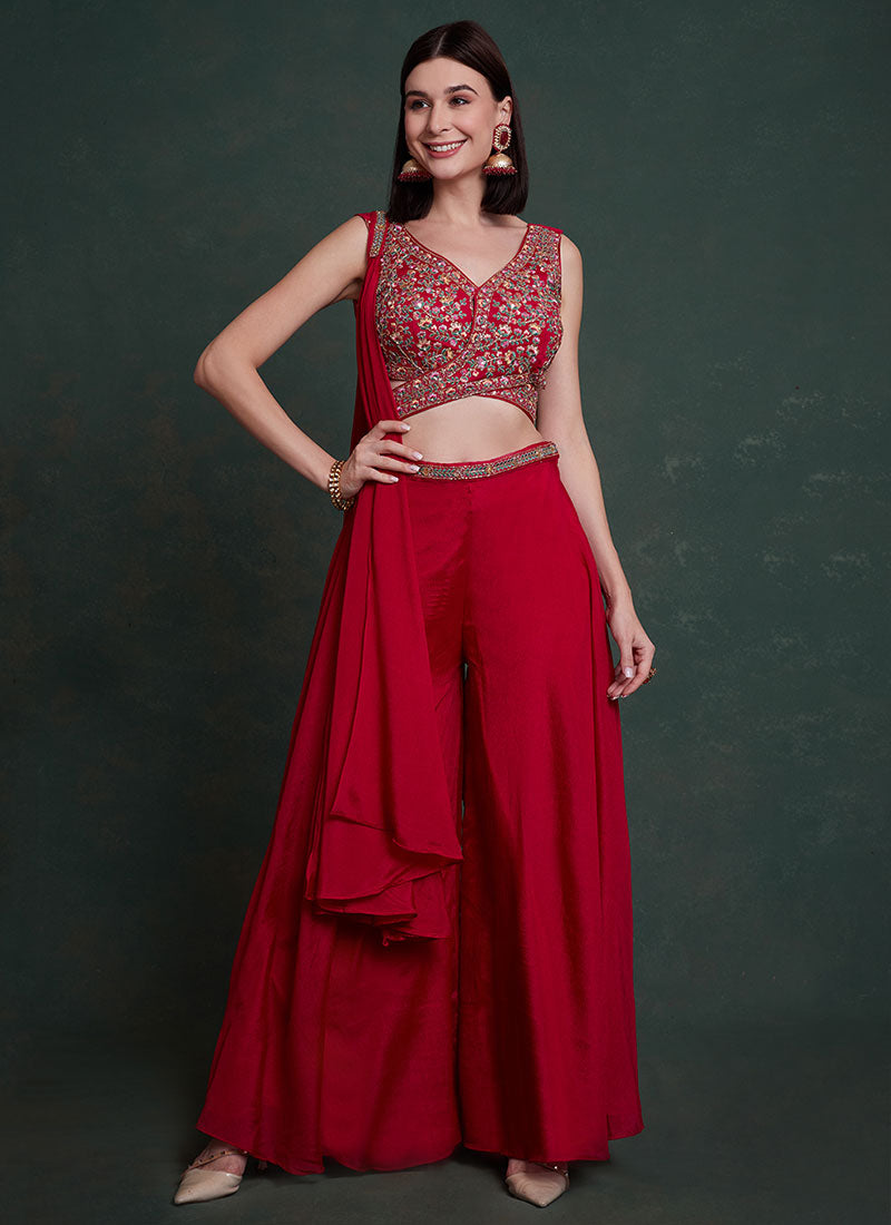 Red Multi Handwork Embroidery Designer Co-Ord Palazzo Set