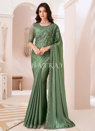 Green Sequence Embroidery Wedding Saree