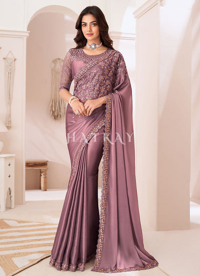 Mauve Purple Sequence Embroidery Wedding Saree