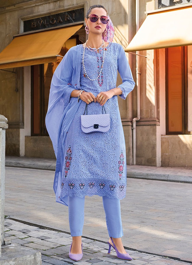 Blue Chikankari Embroidered Pant Style Salwar Suit
