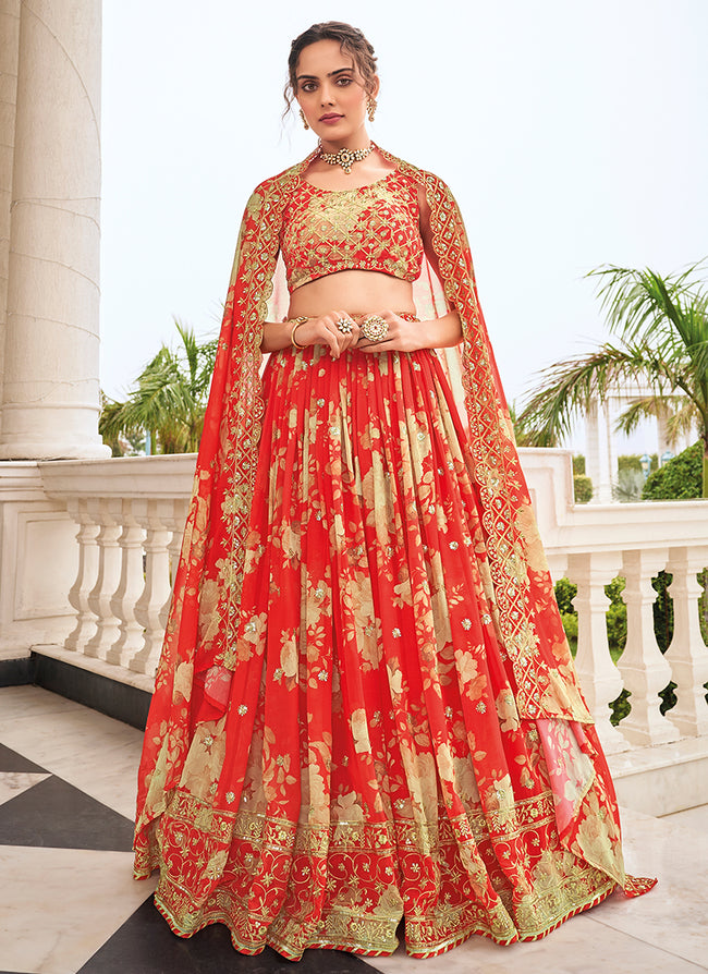 Red Sequence Embroidery Floral Printed Lehenga Choli
