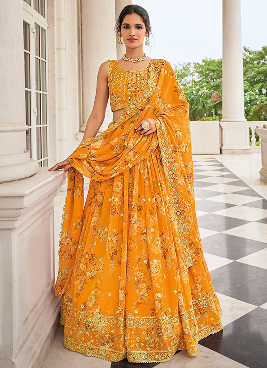 Yellow Sequence Embroidery Floral Printed Lehenga Choli