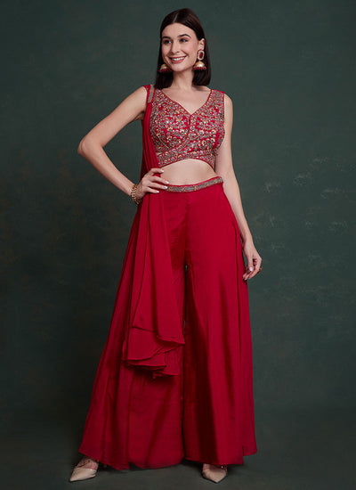 Red Multi Handwork Embroidery Designer Co-Ord Palazzo Set