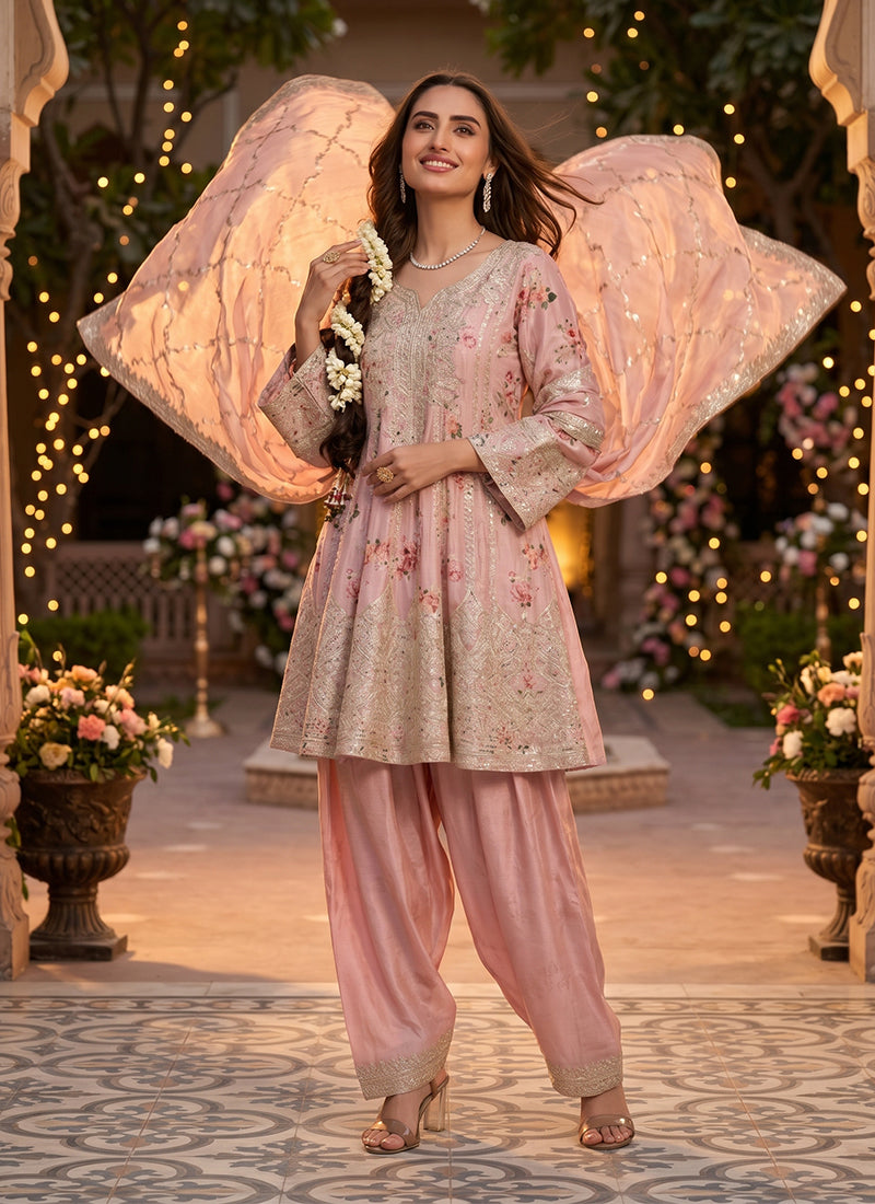 Pink Floral Embroidery Anarkali Style Patiala Suit