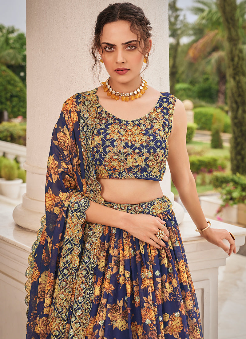 Dark Blue Printed Lehenga Choli In Usa Uk Canada Germany 
