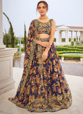 Dark Blue Sequence Embroidery Floral Printed Lehenga Choli