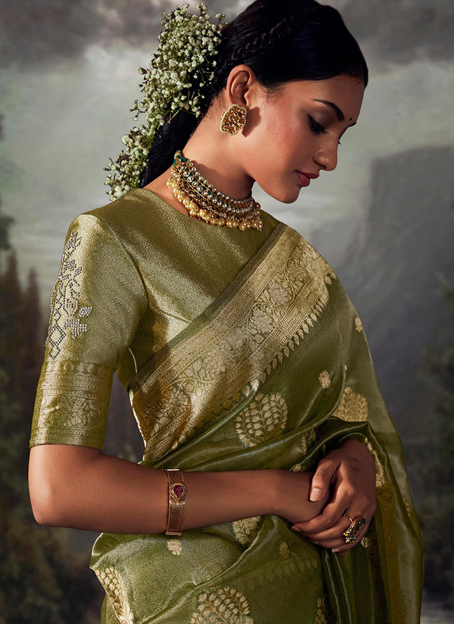 Buy Diwali Saree - Green Golden Crystal Stone Embellished Brocade Silk Saree
