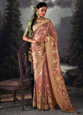 Rose Gold Crystal Stone Embellished Brocade Silk Saree