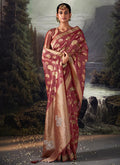 Rani Pink Crystal Stone Embellished Brocade Silk Saree