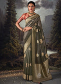 Green And Red Crystal Stone Embellished Brocade Silk Saree