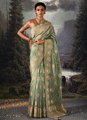 Sea Green Crystal Stone Embellished Brocade Silk Saree