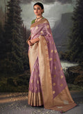 Purple Golden Crystal Stone Embellished Brocade Silk Saree