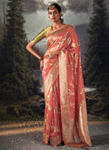 Peach Golden Crystal Stone Embellished Brocade Silk Saree