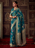 Turquoise Blue Zari Weaved Banarasi Crape Georgette Saree