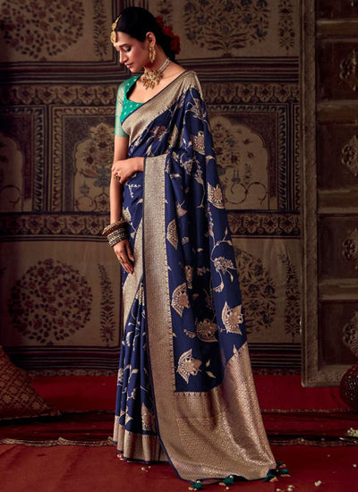 Blue And Teal Zari Weaved Banarasi Crape Georgette Saree