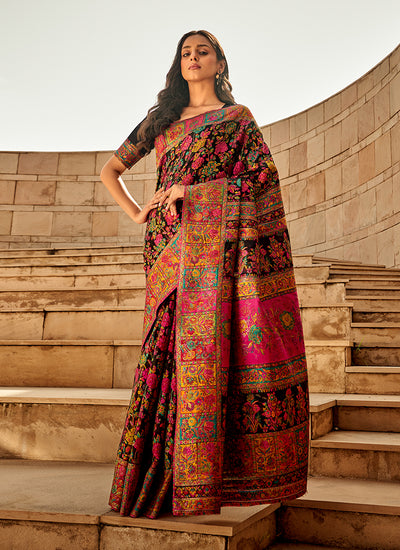 Black Multi Kashmiri Banarasi Silk Saree