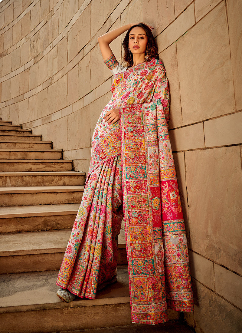 Blush Pink Multi Kashmiri Banarasi Silk Saree