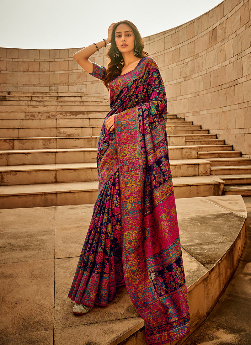 Royal Blue Multi Kashmiri Banarasi Silk Saree