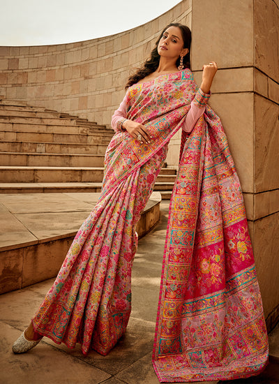 Baby Pink Multi Kashmiri Banarasi Silk Saree