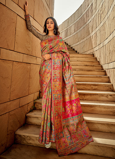 Olive Green Multi Kashmiri Banarasi Silk Saree