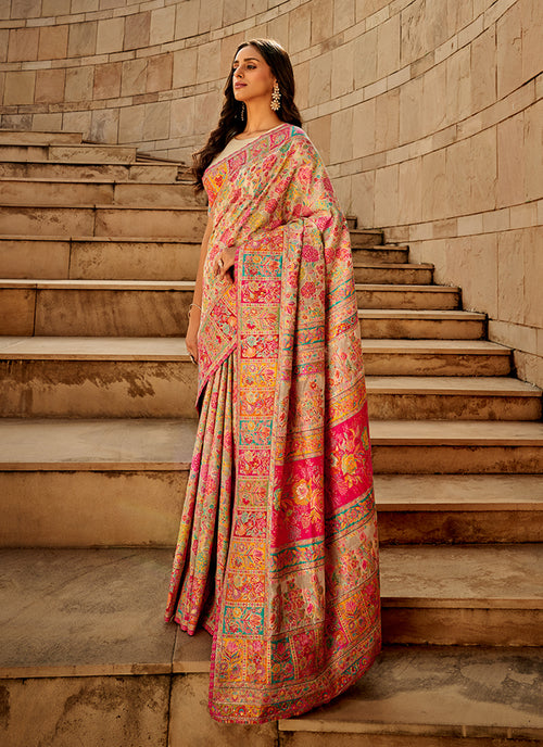 Cream Multi Kashmiri Banarasi Silk Saree