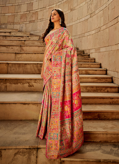 Cream Multi Kashmiri Banarasi Silk Saree