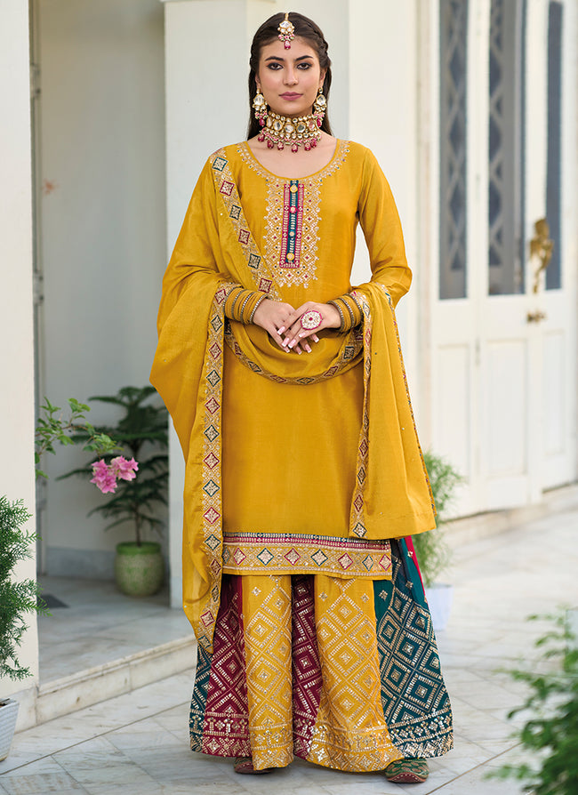 Yellow Multi Embroidery Traditional Gharara Style Suit