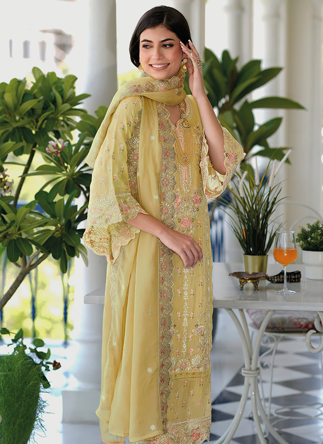 Net Embroidery Pant Style Suit In Yellow Colour-SM1640653