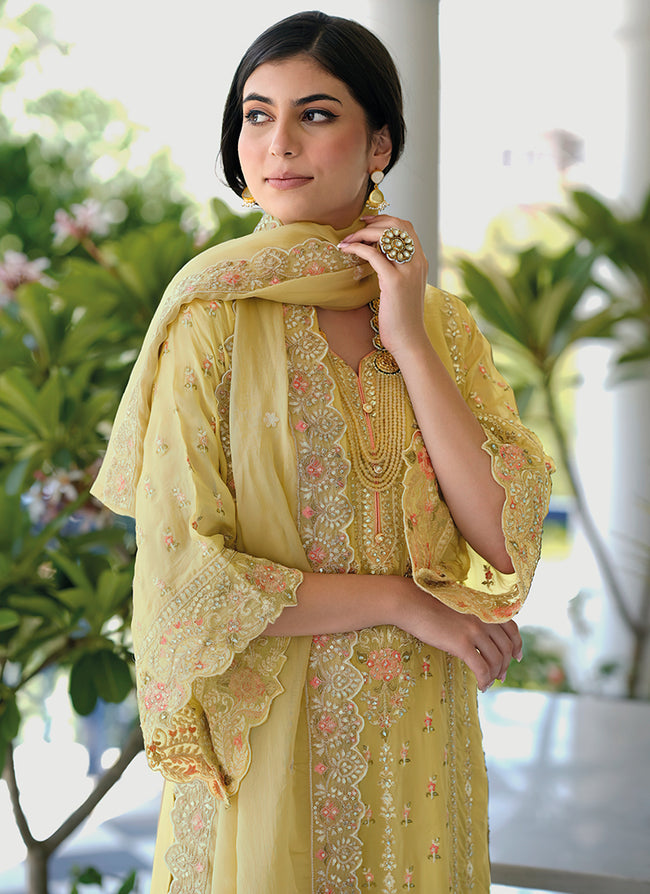 Net Embroidery Pant Style Suit In Yellow Colour-SM1640653