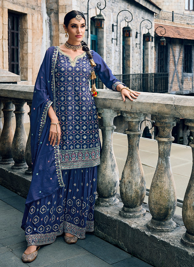 Blue Sequence Embroidery Festive Palazzo Suit