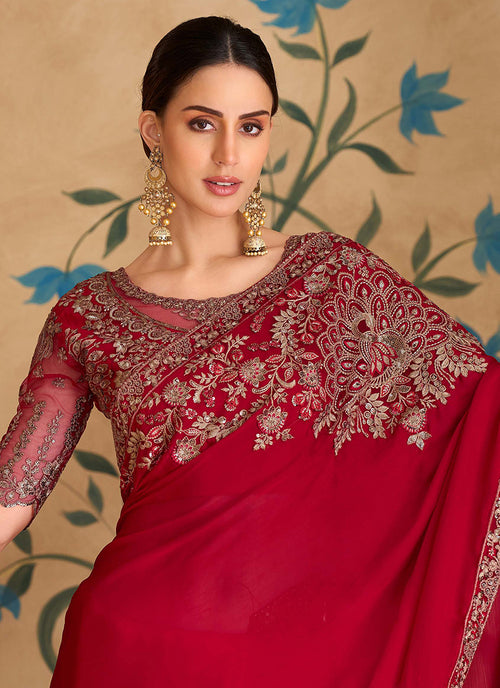 Bridal Red Multi Embroidery Wedding Saree