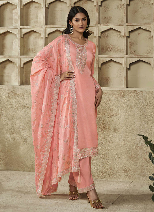 Peach Thread And Sequence Embroidery Pant Suit