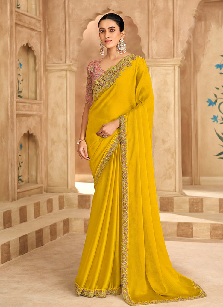 Yellow and Pink Multi Embroidery Wedding Saree