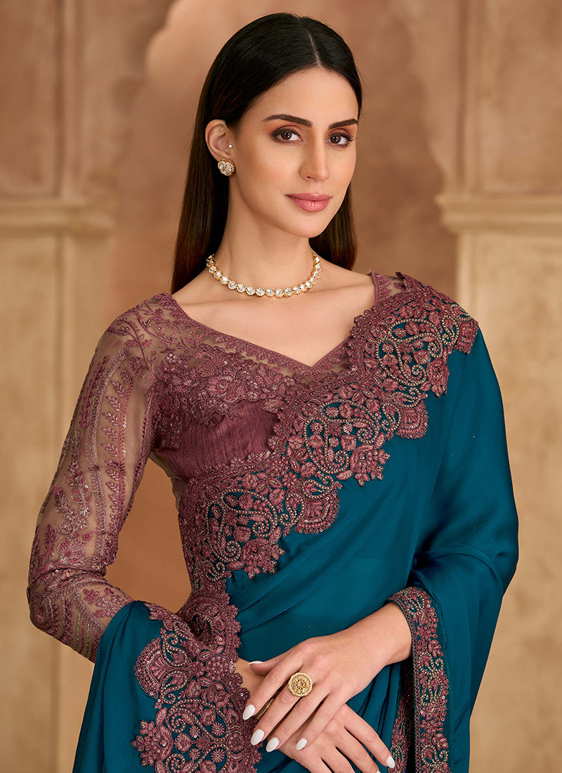 Turquoise and Maroon Multi Embroidery Wedding Saree