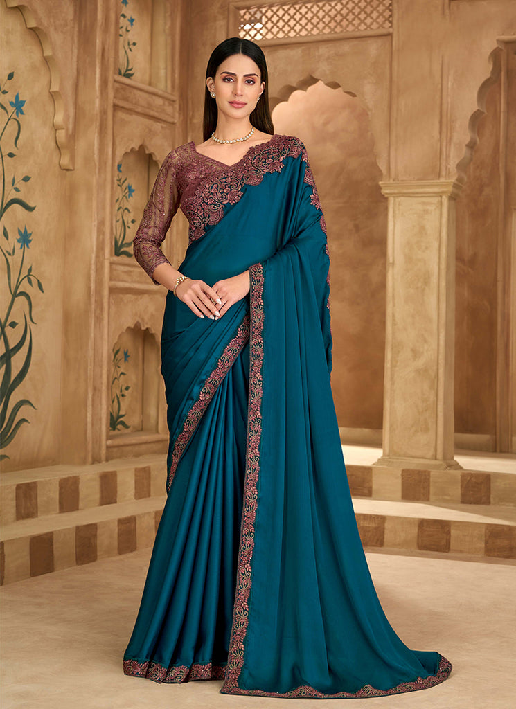 Turquoise and Maroon Multi Embroidery Wedding Saree