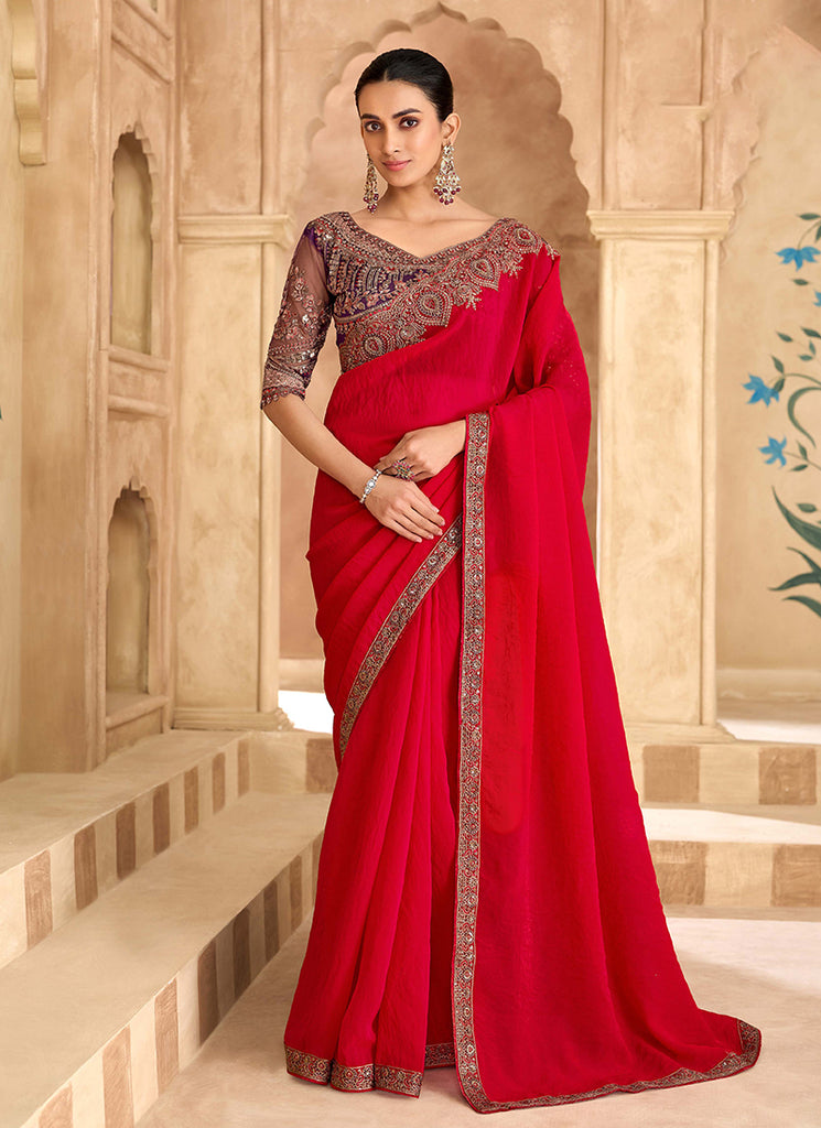 Red and Purple Multi Embroidery Wedding Saree