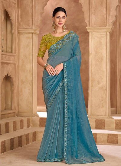Blue and Yellow Multi Embroidery Wedding Saree