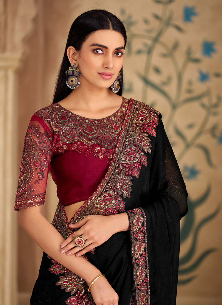 Black and Red Multi Embroidery Wedding Saree