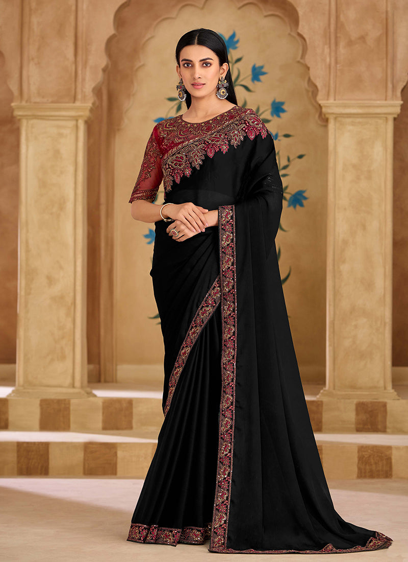 Black and Red Multi Embroidery Wedding Saree