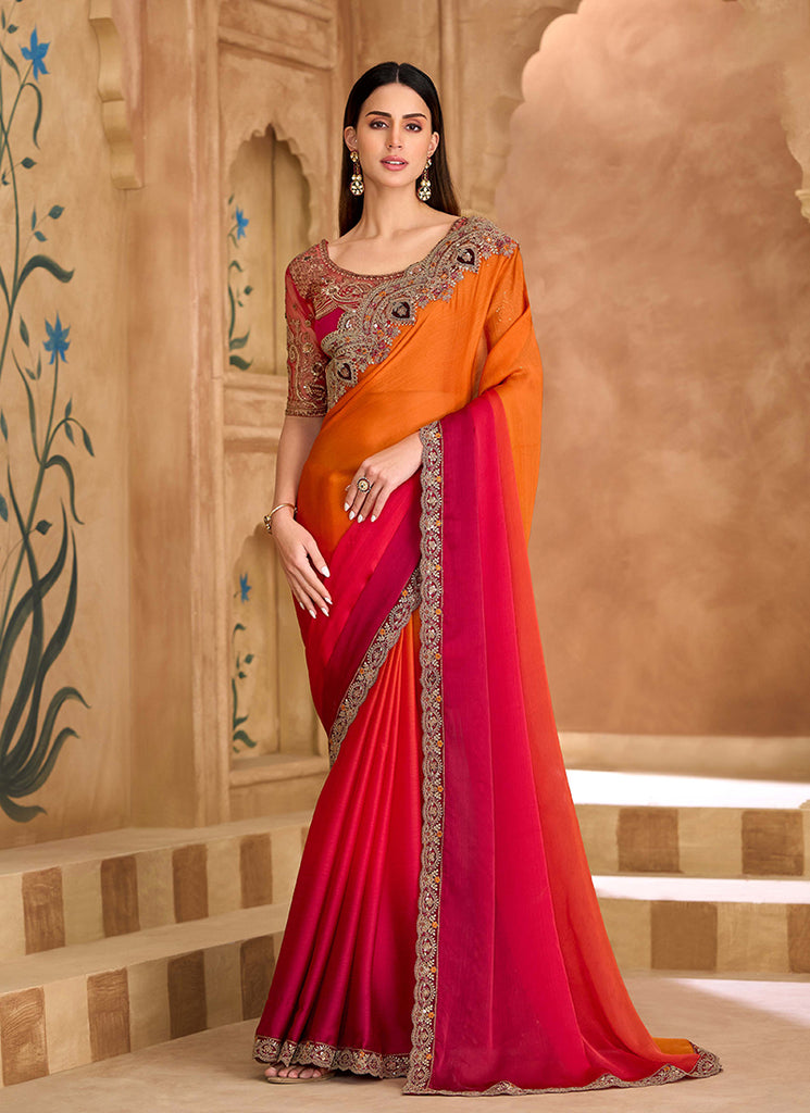 Red Orange Ombré Multi Embroidery Wedding Saree