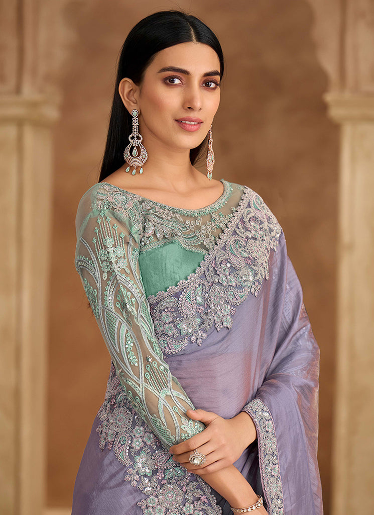 Lavender and Mint Multi Embroidery Wedding Saree