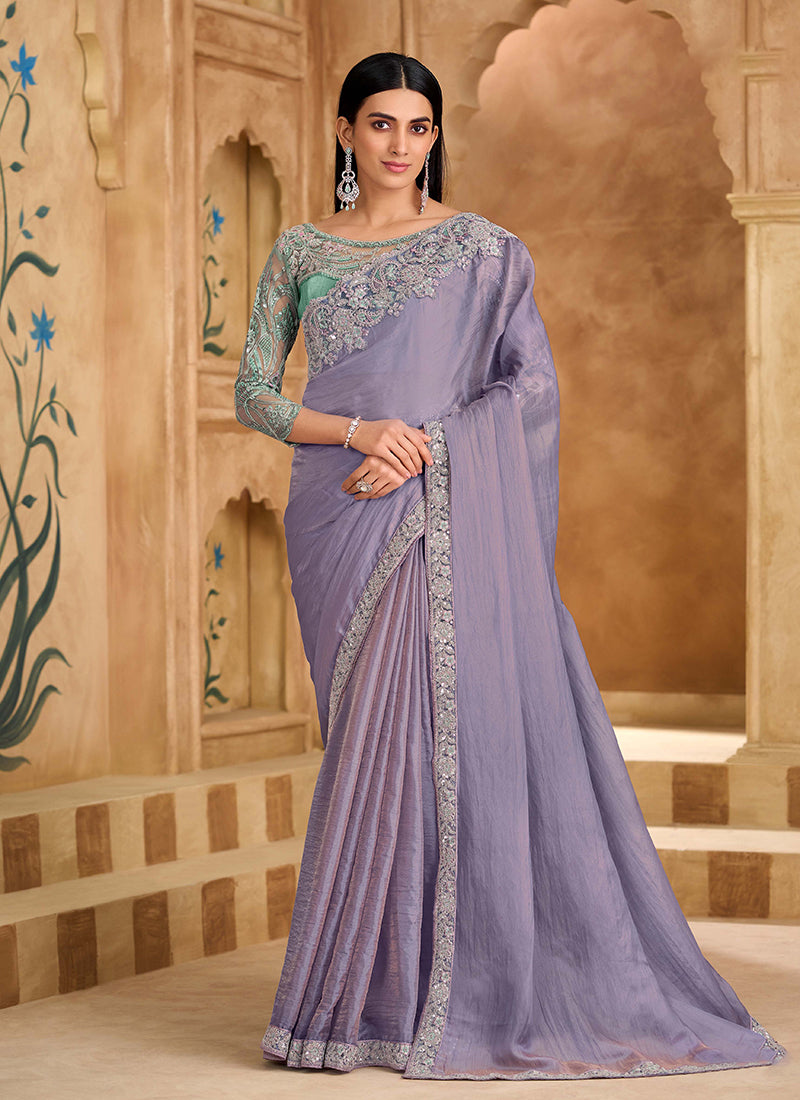 Lavender and Mint Multi Embroidery Wedding Saree