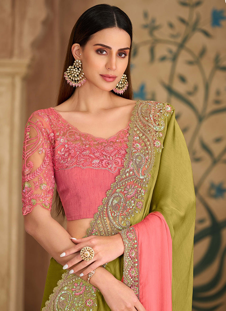 Peach Green Ombré Multi Embroidery Wedding Saree