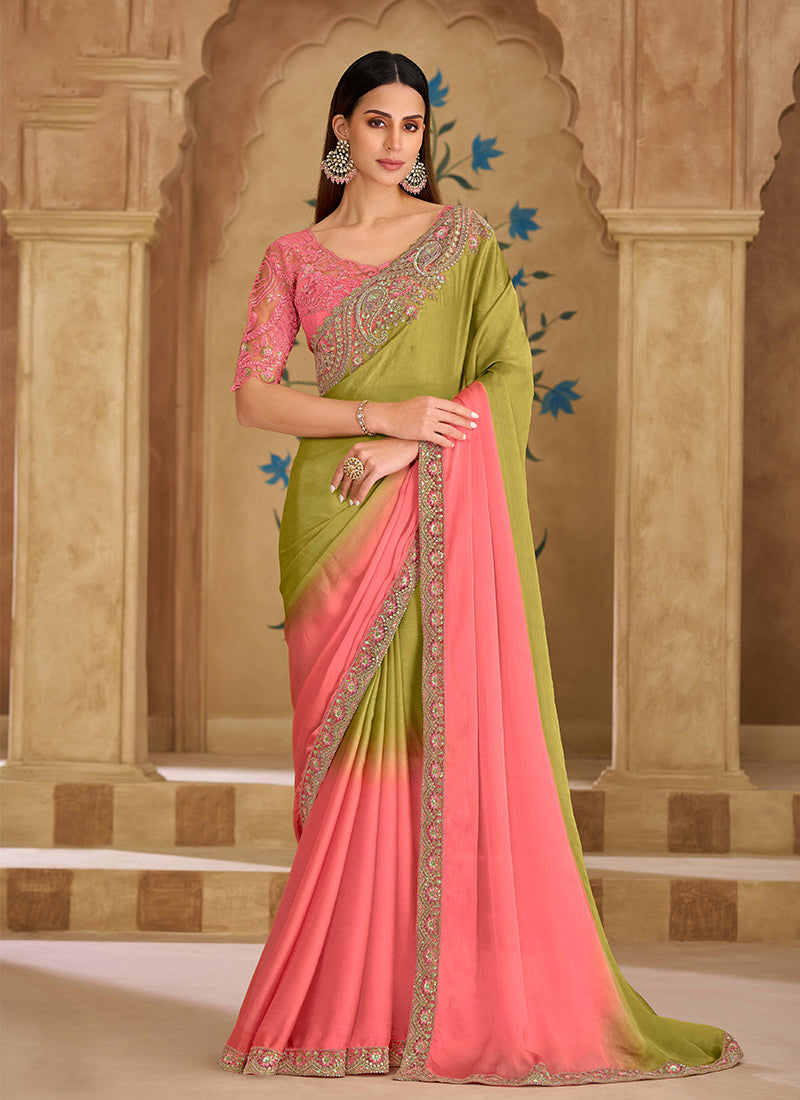 Peach Green Ombré Multi Embroidery Wedding Saree