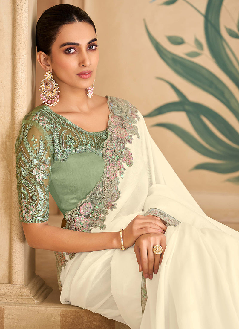Cream and Green Multi Embroidery Wedding Saree