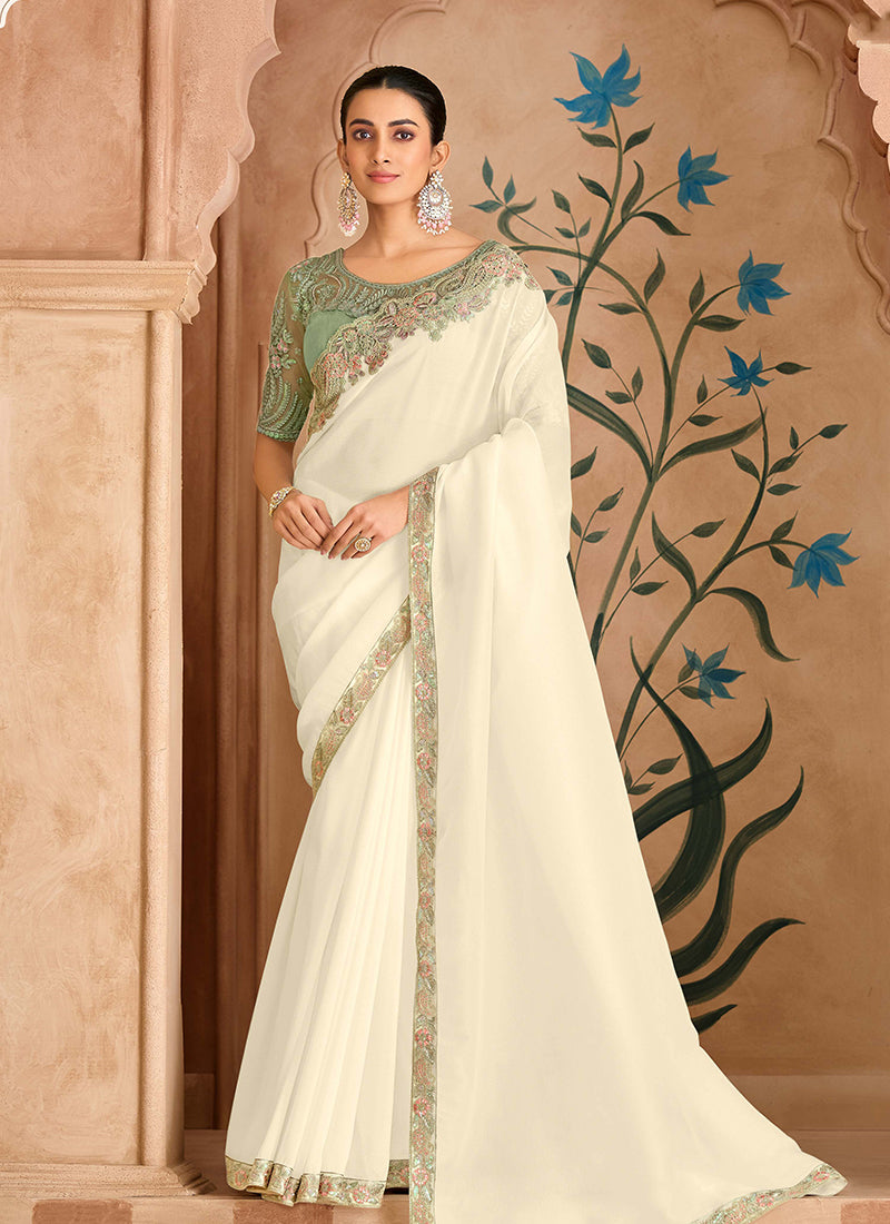 Cream and Green Multi Embroidery Wedding Saree