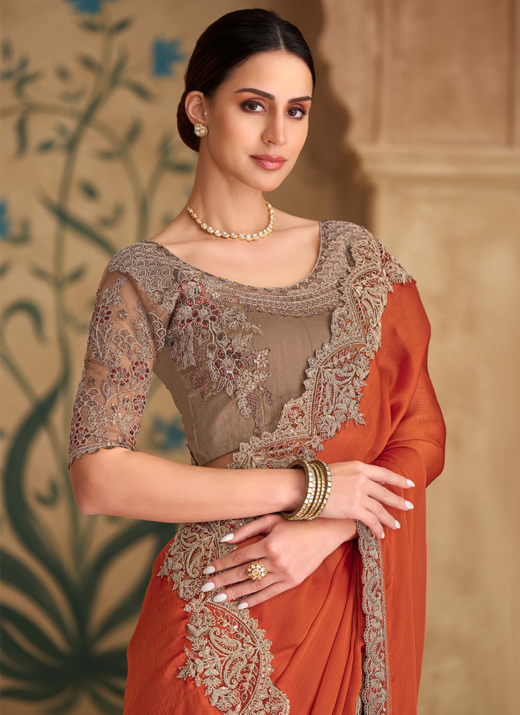 Orange Copper Multi Embroidery Wedding Saree