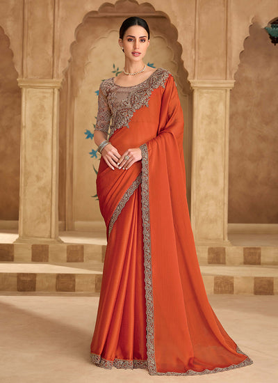 Orange Copper Multi Embroidery Wedding Saree