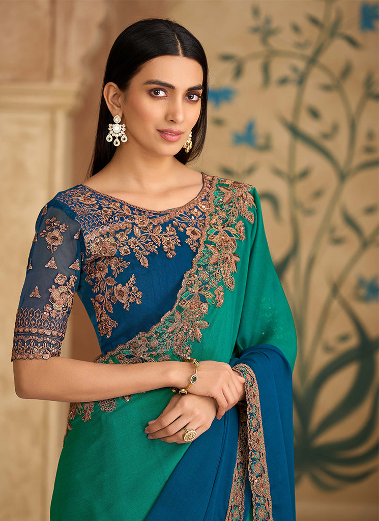 Green and Blue Multi Embroidery Wedding Saree