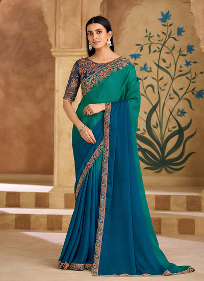 Green and Blue Multi Embroidery Wedding Saree